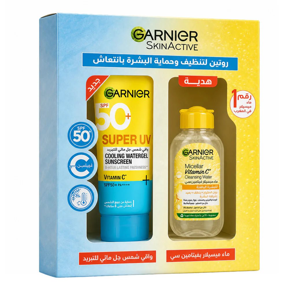 PACK GARNIER : SUPER UV COOLING WATERGEL SUNSCREEN VITAMINEC 60 ML + EAU MICELLAIRE 100ML OFFERTE - Garnier | BeautyForYou.ma