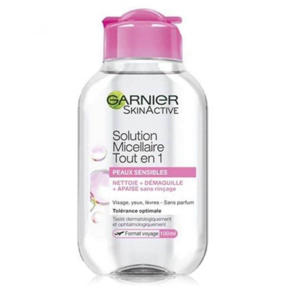 GARNIER Skin Active - Solution Micellaire Tout En 1 - Nettoie, Démaquille, Apaise - Micelles Et Glycérine Végétale - Sans Parfum - Vegan & Cruelty Free - Visage, Yeux, Lèvres - Peau Sensible - 100 ml - 3600542081337