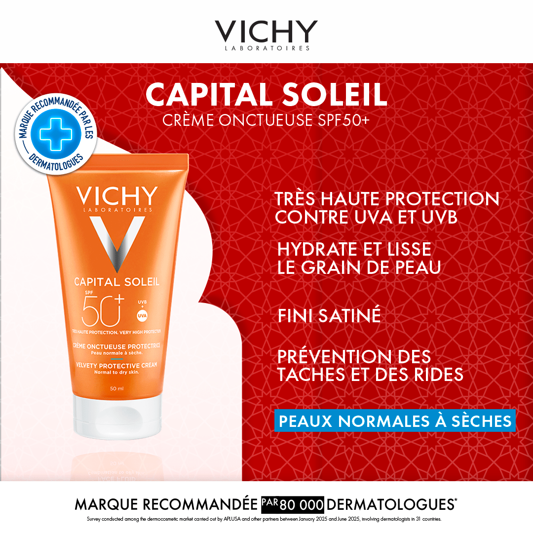 Vichy Capital Soleil Crème Onctueuse SPF50+ Peaux Normales à Sèches + Après - Soleil 100ML Offert - Vichy | BeautyForYou.ma