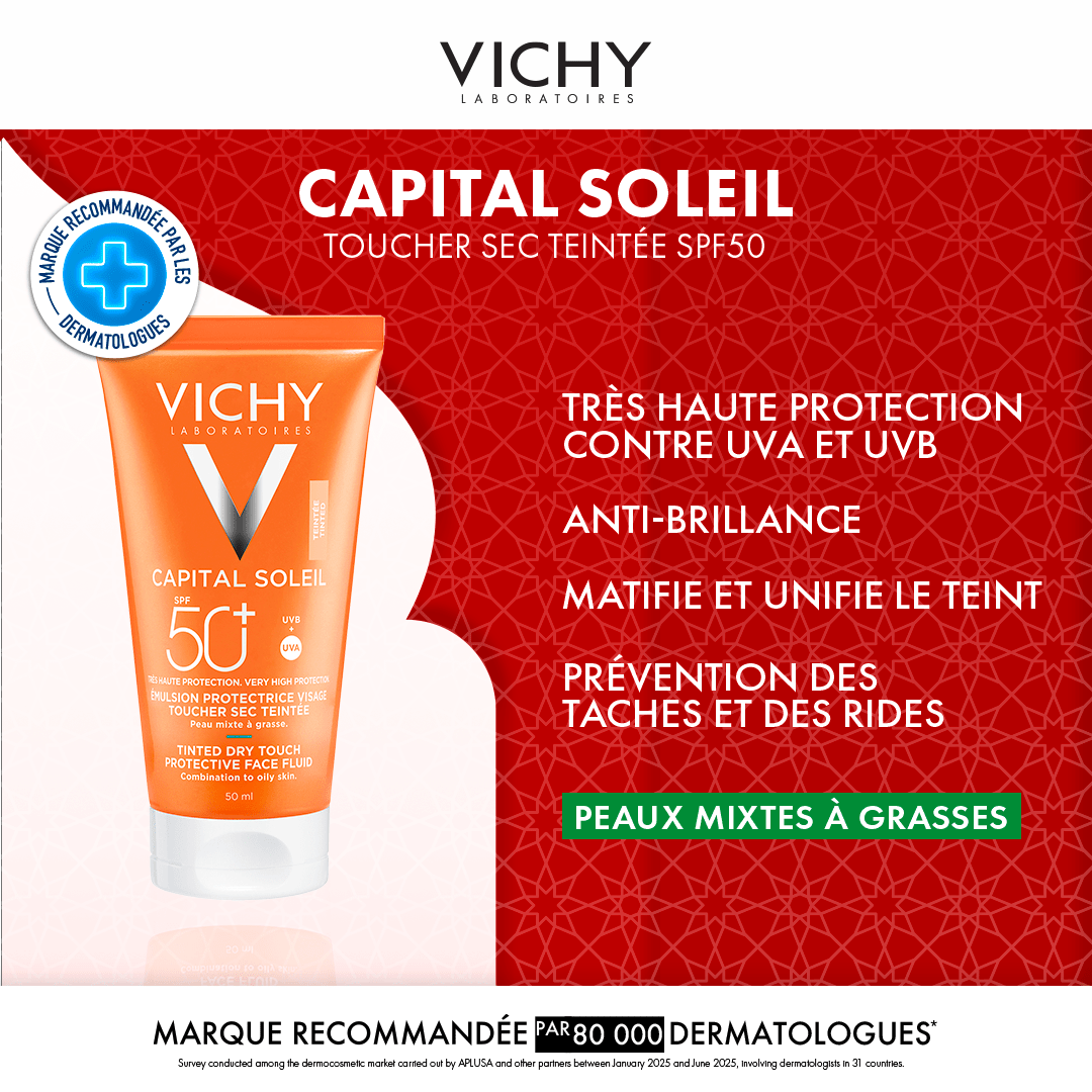 Vichy Capital Soleil Toucher Sec Teintée SPF50 Peaux Mixtes à Grasses + Après - Soleil 100ML Offert - Vichy | BeautyForYou.ma