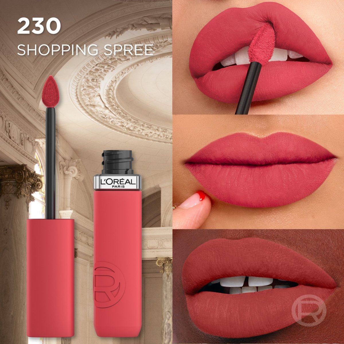 L'Oréal Paris - Rouge à Lèvres Liquide - Couleur Intense & Fini Mat - Longue Tenue - Sans Transfert - À L'Acide Hyaluronique - Infaillible Matte Resistance - Teinte : 230 SHOPPING SPREE - L'Oréal Paris | BeautyForYou.ma