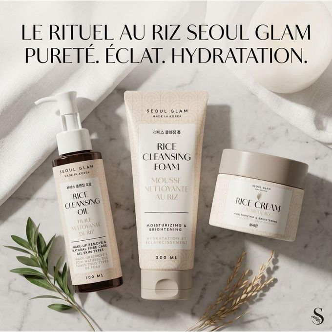 SEOUL GLAM Pack Double Nettoyage & Hydratation K-Beauty – Trio au Riz – Nettoyage Profond des Pores & Éclat – Huile + Mousse + Crème