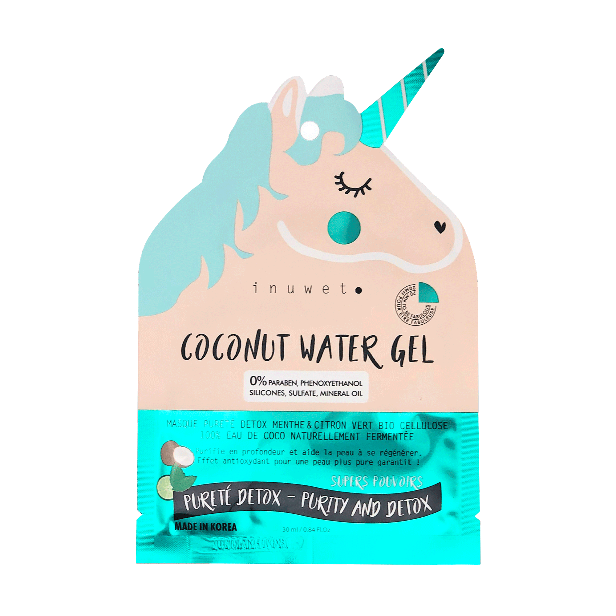 INUWET MASQUE LICORNE VISAGE PURETE DETOX EN BIO CELLULOSE