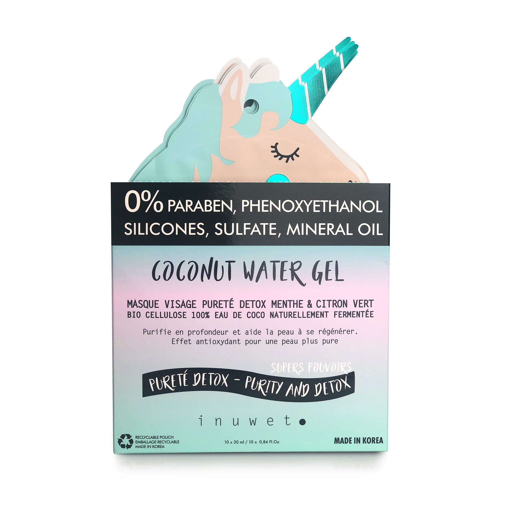 INUWET MASQUE LICORNE VISAGE PURETE DETOX EN BIO CELLULOSE