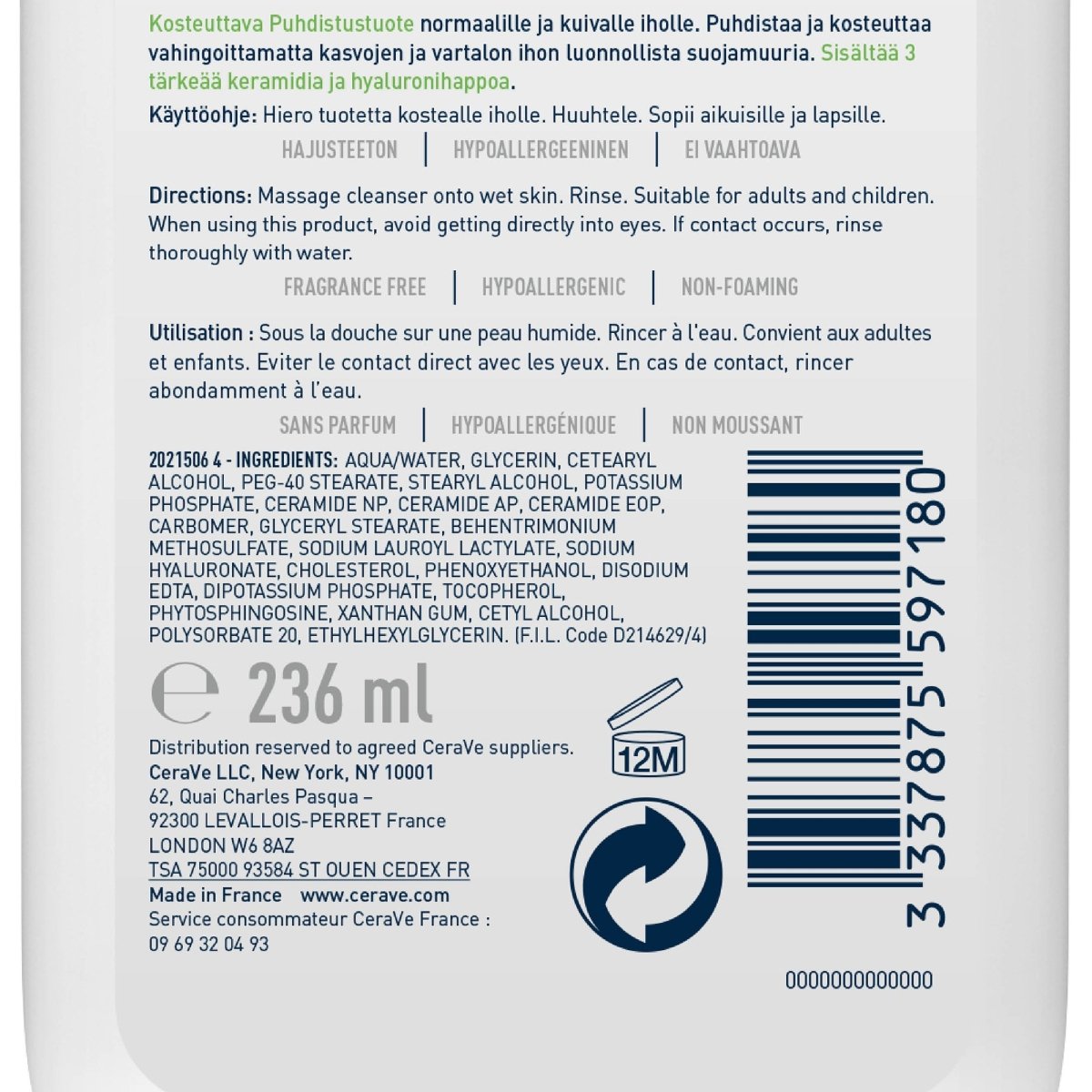 Crème lavante 236 ML - Cerave | BeautyForYou.ma