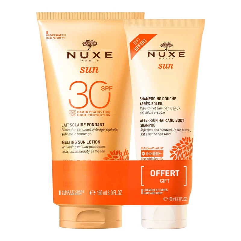 NUXE Duo Lait Solaire Fondant Haute Protection SPF30 150ml et Shampooing Douche après-soleil 100ml offert