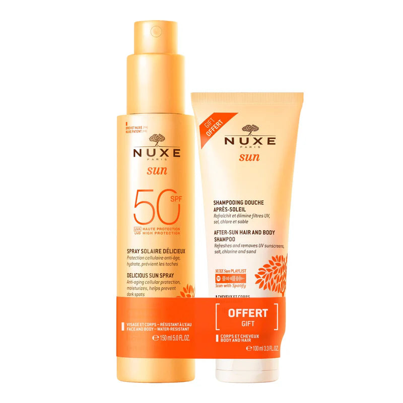 NUXE Duo Spray Solaire Délicieux Haute Protection SPF50 et Shampooing Douche après-soleil 100ml offert