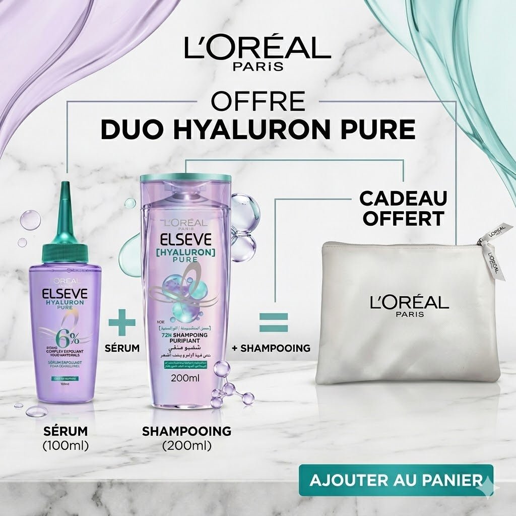 Elseve Hyaluron Pure Sérum & Shampoing 72H + Pochette Cadeau - L'Oréal Paris | BeautyForYou.ma