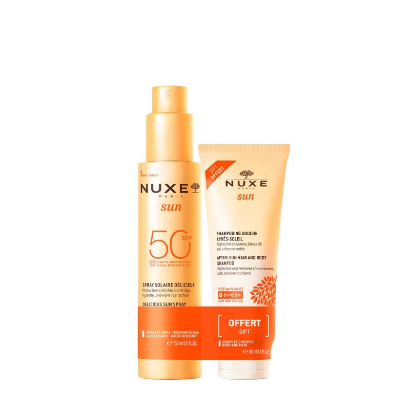 NUXE Duo Spray Solaire Délicieux Haute Protection SPF50 Visage et Corps et Shampooing Douche Après-Soleil 100ml Offert - Nuxe | BeautyForYou.ma