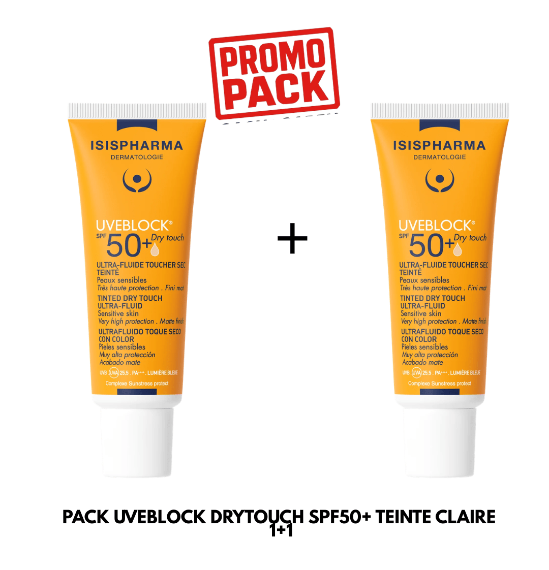PACK PROMO UVEBLOCK SPF50 DRY TOUCH TEINTE CLAIRE - ISISPHARMA | BeautyForYou.ma