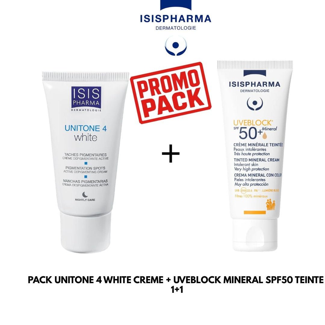 PACK UNITONE 4 WHITE CREME + UVEBLOCK SPF50 MINERAL TEINTE - ISISPHARMA | BeautyForYou.ma