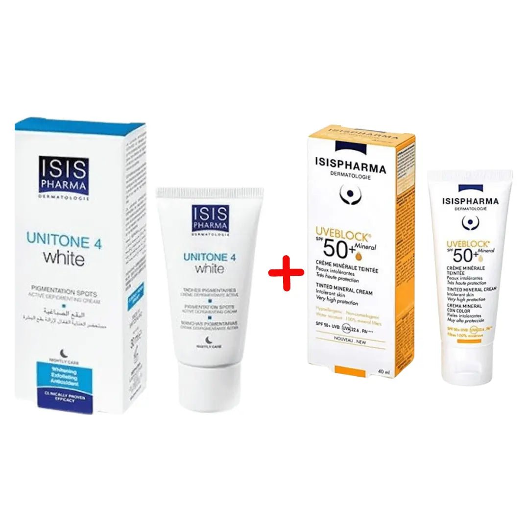 PACK UNITONE 4 WHITE CREME + UVEBLOCK SPF50 MINERAL TEINTE - ISISPHARMA | BeautyForYou.ma