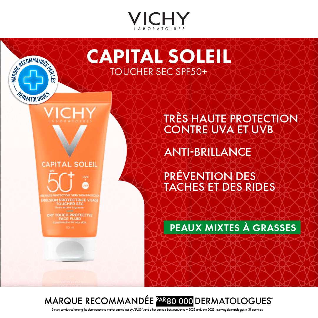 Vichy Capital Soleil Toucher Sec SPF50+ Peaux Mixtes à Grasses + Après - Soleil 100ML Offert - Vichy | BeautyForYou.ma