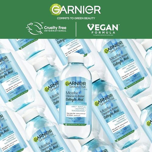 GARNIER Skin Active - Solution Micellaire Tout En 1 - Nettoie, Démaquille, & Ravive L'Éclat - Anti acné - Vegan & Cruelty Free - Visage, Yeux, Lèvres - Peaux Ternes & Sensibles - 400 ml - 3600542536868