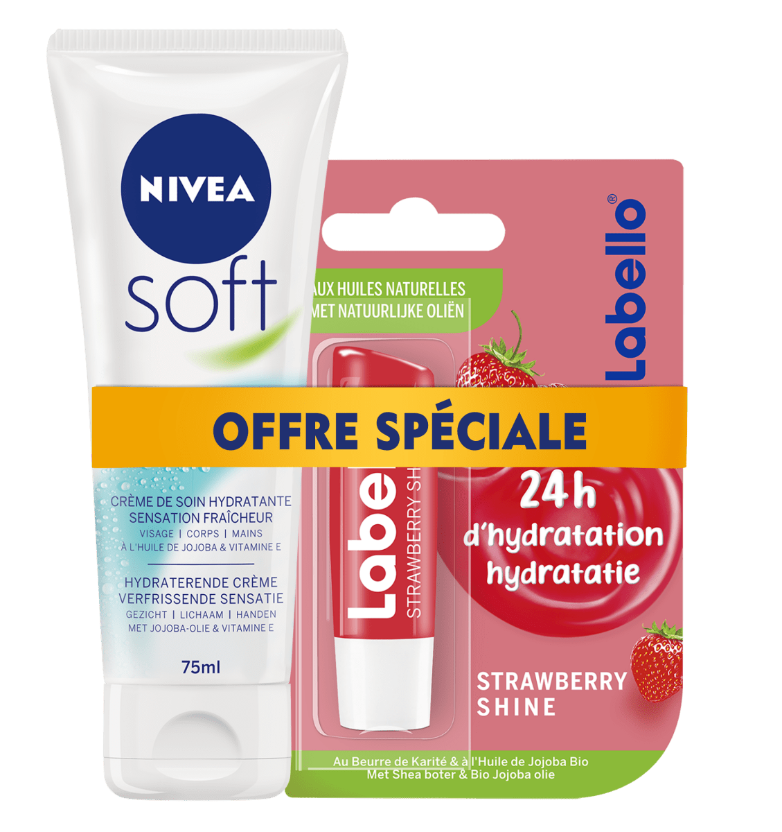 NIVEA Soft, Crème de soin hydratante, tube 75ml+LABELLO Baume à Lèvres, Fruity Shine Fraise, 4.8g - Nivea | BeautyForYou.ma