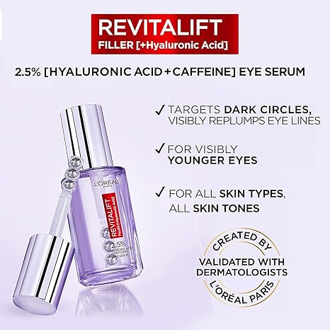 L'Oreal Paris L'Oréal Paris Sérum Yeux 2,5% Acide Hyaluronique et Caféine, Revitalift Filler, Repulpe, Éclaircit Et Dégonfle les Yeux - 20 ml - 3600524026844
