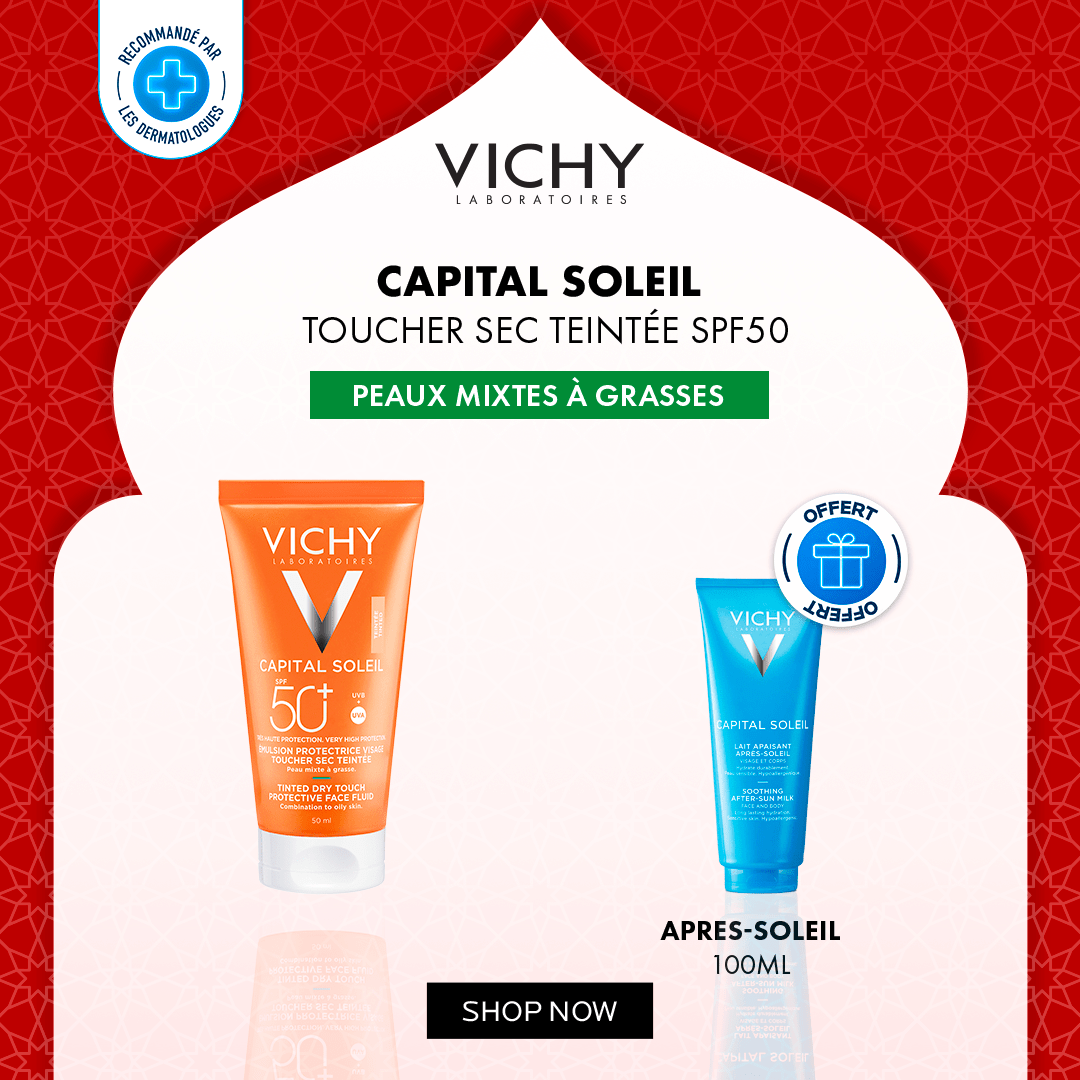 Vichy Capital Soleil Toucher Sec Teintée SPF50 Peaux Mixtes à Grasses + Après - Soleil 100ML Offert - Vichy | BeautyForYou.ma