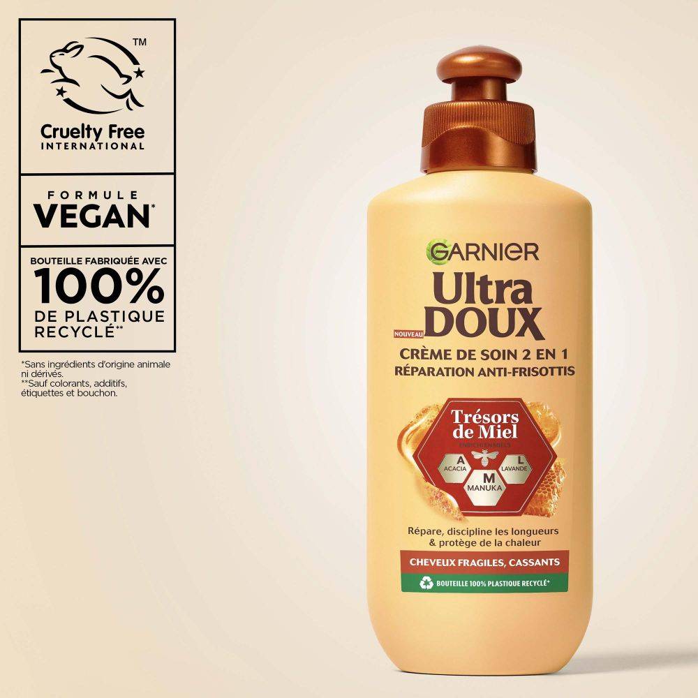 Garnier Ultra Doux Trésors de Miel pour Cheveux Fragiles & Cassants - Crème de Soin 2 - en - 1 Réparation Anti - Frisottis - Au Miel d'Acacia, de Manuka & de Lavande - 200ml - 3600542267205