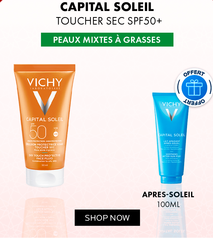 Vichy Capital Soleil Toucher Sec SPF50+ Peaux Mixtes à Grasses + Après - Soleil 100ML Offert - Vichy | BeautyForYou.ma