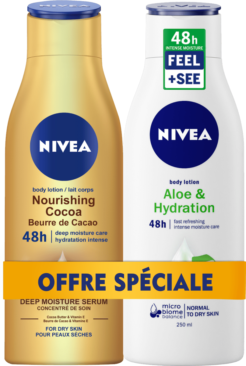 Pack duo NIVEA body: Lait Corps Beurre de Cacao 250ml et Lait Corps Aloé Vera peaux normales à sèches 250ml - Nivea | BeautyForYou.ma