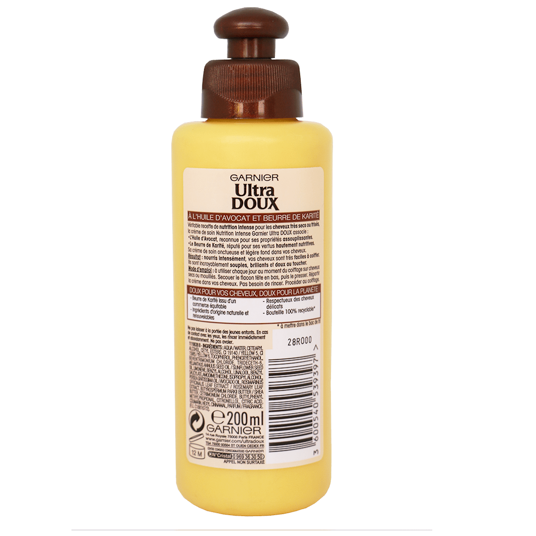Garnier Ultra Doux À l'Huile d'Avocat et Beurre de Karité - Crème de soin sans rinçage Cheveux buclés à frisés 200 ml - 3600540539397