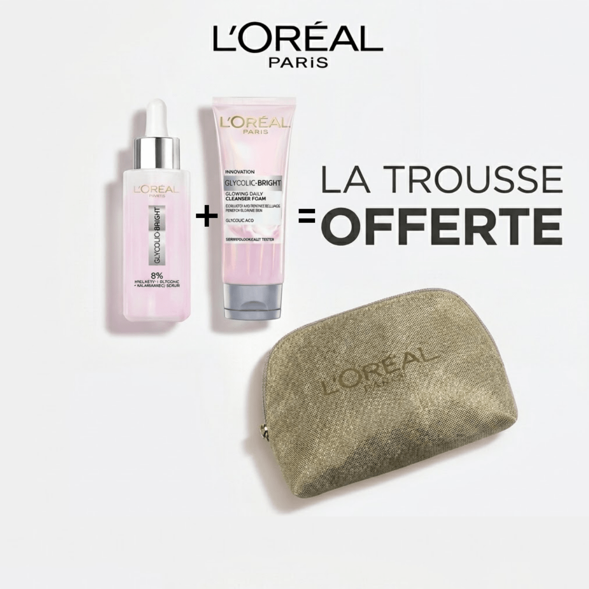 SERUM GLYCOLIC BRIGHT +GEL NETTOYANT GLYCOLIC BRIGHT = POUCH BEIGE - L'Oréal Paris | BeautyForYou.ma